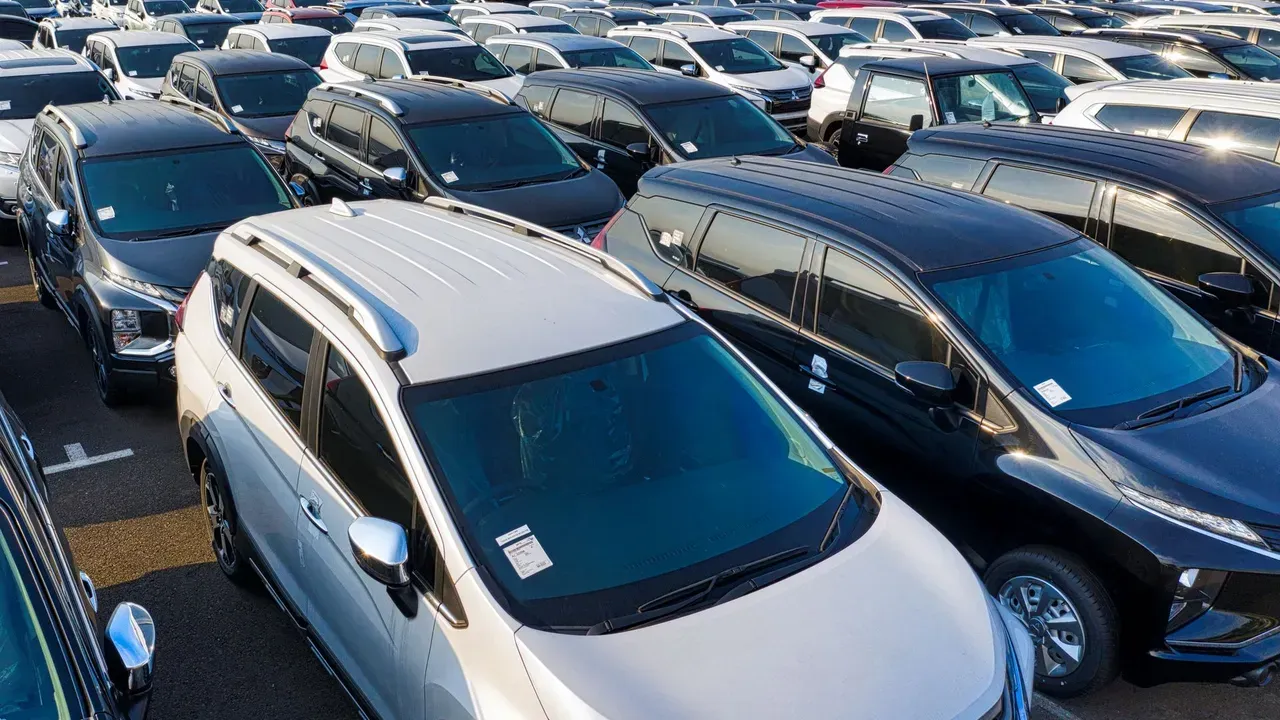 Rows of parked rental cars and SUVs in a sunlit lot with windscreen labels