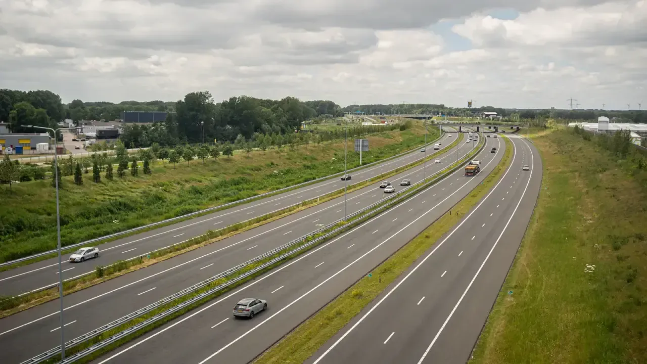 A multi-lane European motorway with traffic and green verges near Almere in the Netherlands