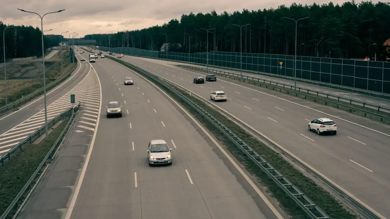 A multi-lane Polish motorway lined with pine forest near Warsaw